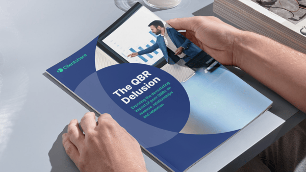 Clientshare's whitepaper, 'The QBR Delusion: Exposing the devastating impact of poor QBRs on revenue, relationships and retention' in printed, magazine-like form